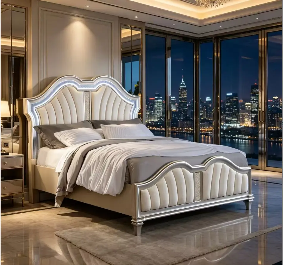 Bellemave Silver Champagne Veneer Soft Cushion Bed Frame - Solid Wood, LED Decoration, Curved Plush Design, Hotellike Luxe Illuminated LED-Accented Curved Bed for Modern Bedroom, Hotellike Bed Frames, Luxe Bed Frames