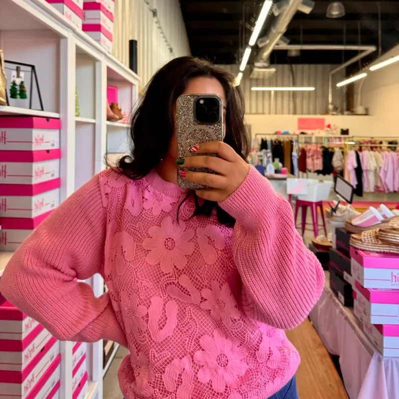 Pink Frost Sweater with Floral Lace Detail and Flared Sleeves for Women