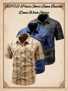 Men's 3-Pack American Vintage Plaid Short Sleeve Work Shirts, Dual Patch Pockets, Durable Wrinkle-Resistant Fabric, Rugged & Practical