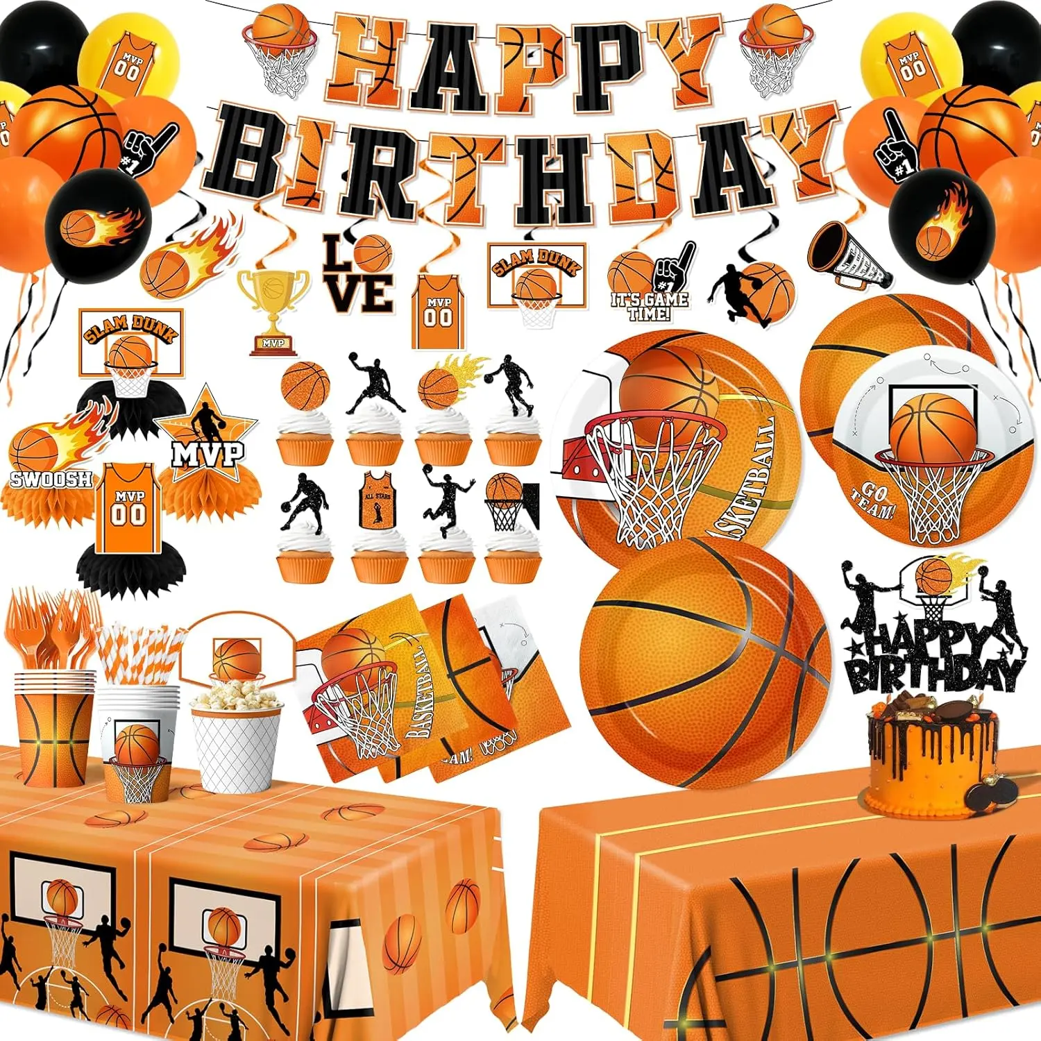 Basketball Party Decorations,206pcs Basketball Birthday Decorations Include Plates And Napkins Cups,Tablecloth,Banner, Swirls,Cake Topper,Balloon for Basketball Party Supplies,Serve 24