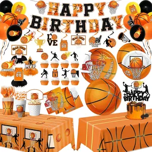 Basketball Party Decorations,206pcs Basketball Birthday Decorations Include Plates And Napkins Cups,Tablecloth,Banner, Swirls,Cake Topper,Balloon for Basketball Party Supplies,Serve 24