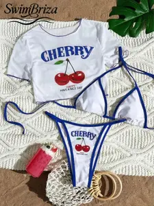 Briza｜Women's 3 Piece Cherry Print Bikini Set With Cover Up - Triangle Bikini Top & Thong Bottoms With Short Sleeve Crop Top, Cute Beach Swimwear