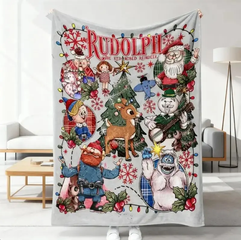 Retro Christmas Reindeer Flannel Throw Blanket, Vintage Holiday Blanket for Couch Sofa Bed, Festive Winter Home Decor Gift