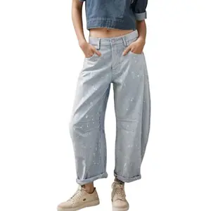 Kedera Women Stripe Barrel Jeans Casual Denim Jeans Loose Wide Leg Baggy Pants Mid Waist Boyfriend Jeans Y2k