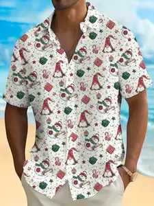 1 Men's Christmas Gnome & Snowman Short Sleeve Hawaiian Shirt - Festive Holiday Style, Cute Xmas Graphic with Button Front for Beach Christmas & Holiday Parties