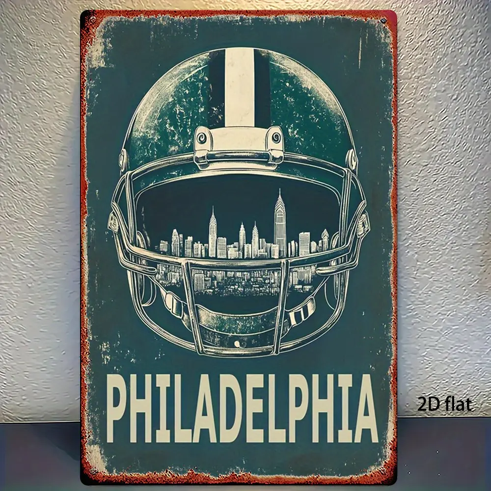 Vintage Distressed Philadelphia Football Helmet Metal Wall Art Sign - 1pc 2D Flat Iron, Green & White Team Colors, 8*12in Elegant Rustic Plaque, Pre-Drilled Holes, Ideal Decoration for Sports Fans, Gift for Mother, Siblings, Christmas