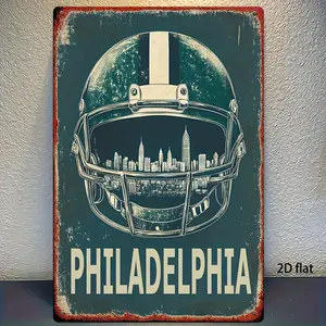 1pc 2D Flat Philadelphia Football Helmet Metal Wall Art - Vintage Distressed Iron City Skyline Sign, Green & White Team Colors, 8*12 in Rustic Design, Pre-Drilled Holes for Easy Installation, Ideal Sports Fan Gift for Home Decoration