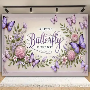 1pc Purple Backdrop Butterfly Floral Design Polyester Multipurpose for Baptism Birthday Anniversary Christmas New Year Valentine Decor