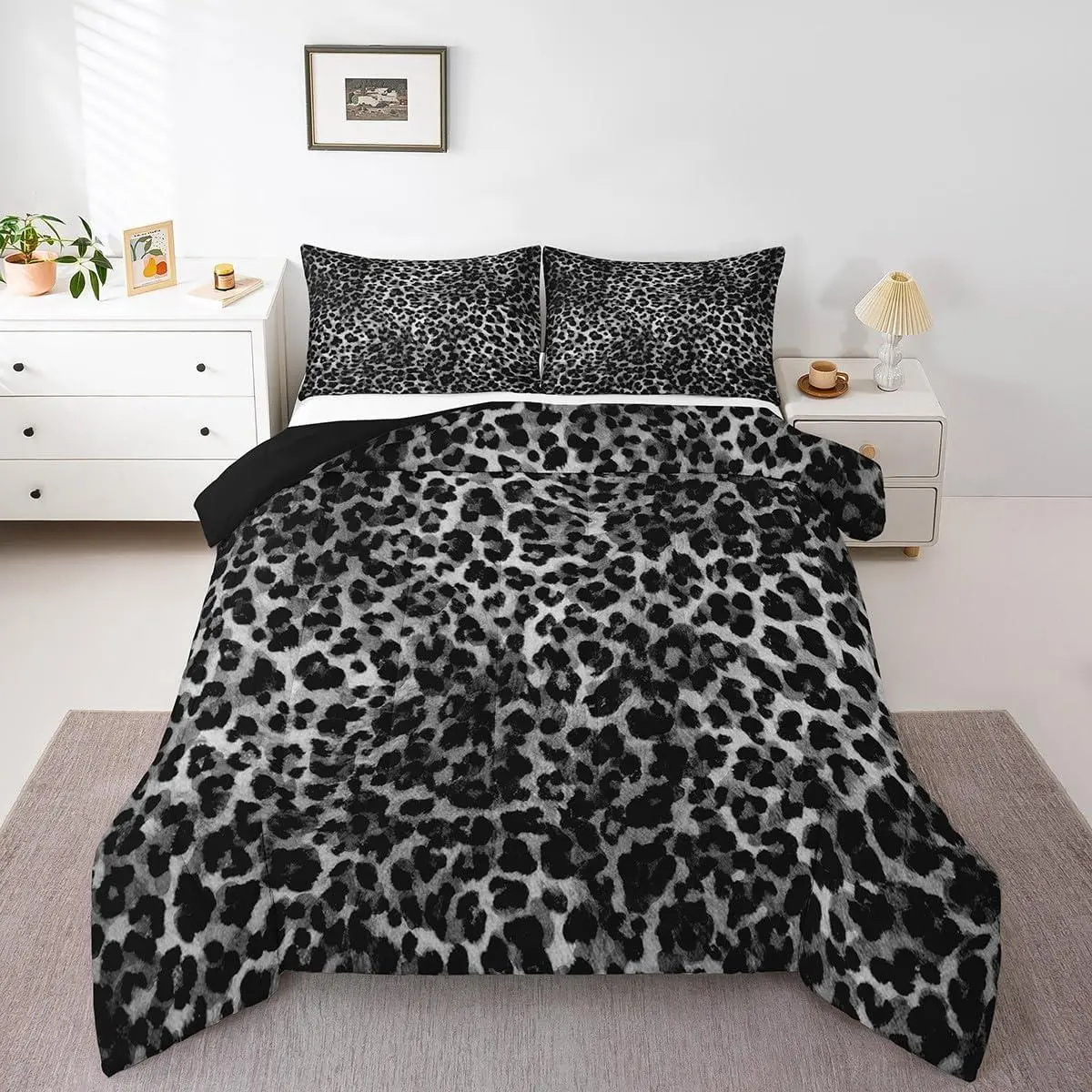 Black Leopard Print Comforter Set,Safari Bedding Set Cheetah Duvet Insert Bedroom Decor Bed Set