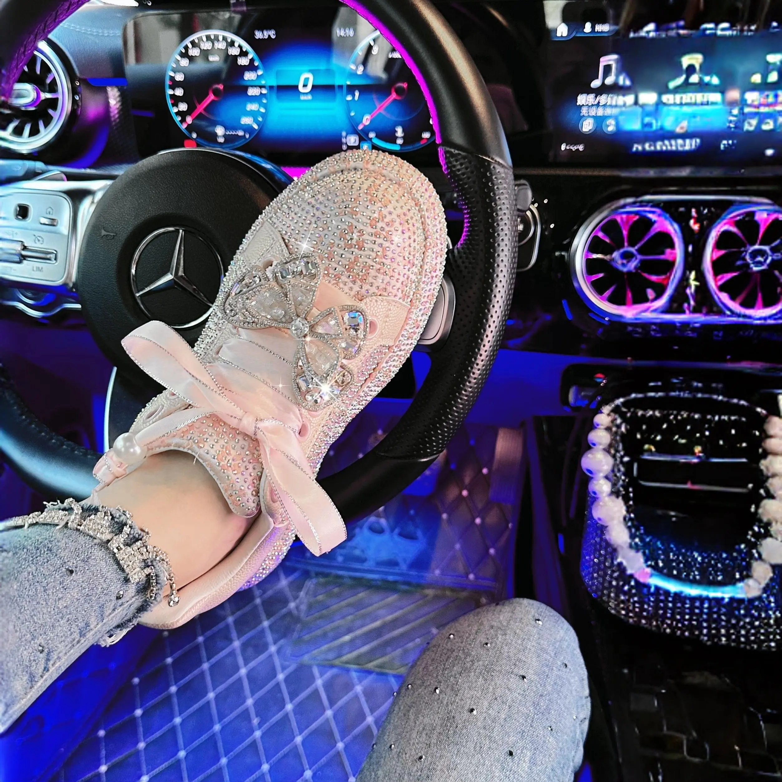 Women's Fashion Trainers, Casual Sheepskin Loafer Style with Floral Camellia Rhinestone Embellishments for Walking & Training, Camellia Embellishment, Sheep Skin, Rhinestones, Round Toe