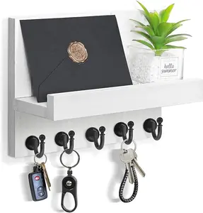 Wall-Mounted Key Holder: Simple Installation, Mail Organizer with 5 Sturdy Key Hooks for Kitchen and Entryway Decor (White) Shelves