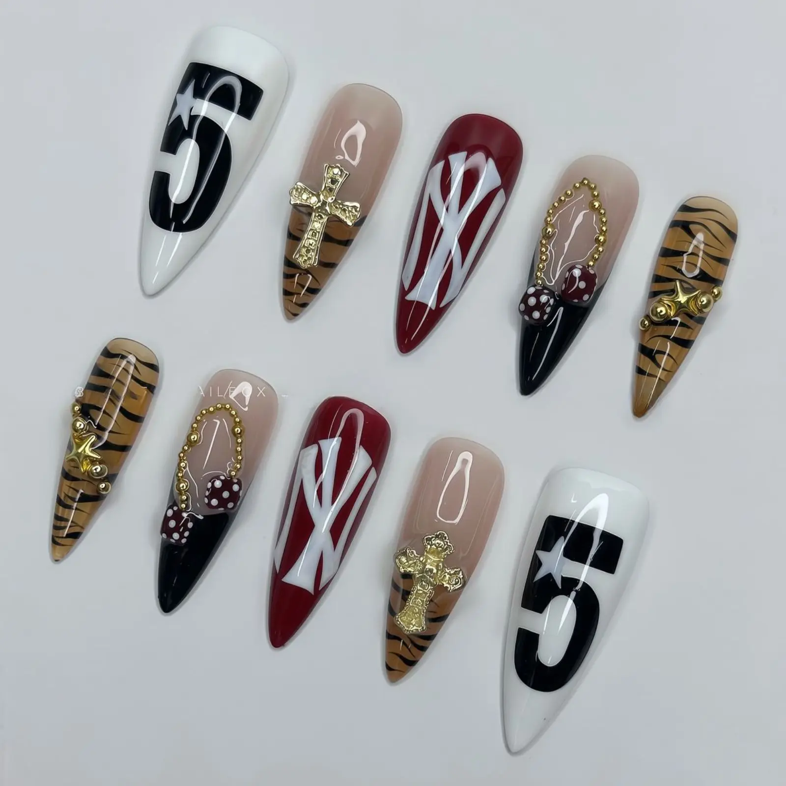 Cherry Dice Streetwear Press On Nails | Y2K NY Logo Press On Nails | Tiger Print & Gold Cross Fake Nails
