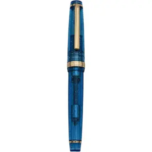 Fountain Pen - Acrylic Material Pen Barrel, Iridium Medium Nib with Ink Converter, Smooth Writing Classic Design Transparent Fluorescent Blue Pen (Gold Trim, M)