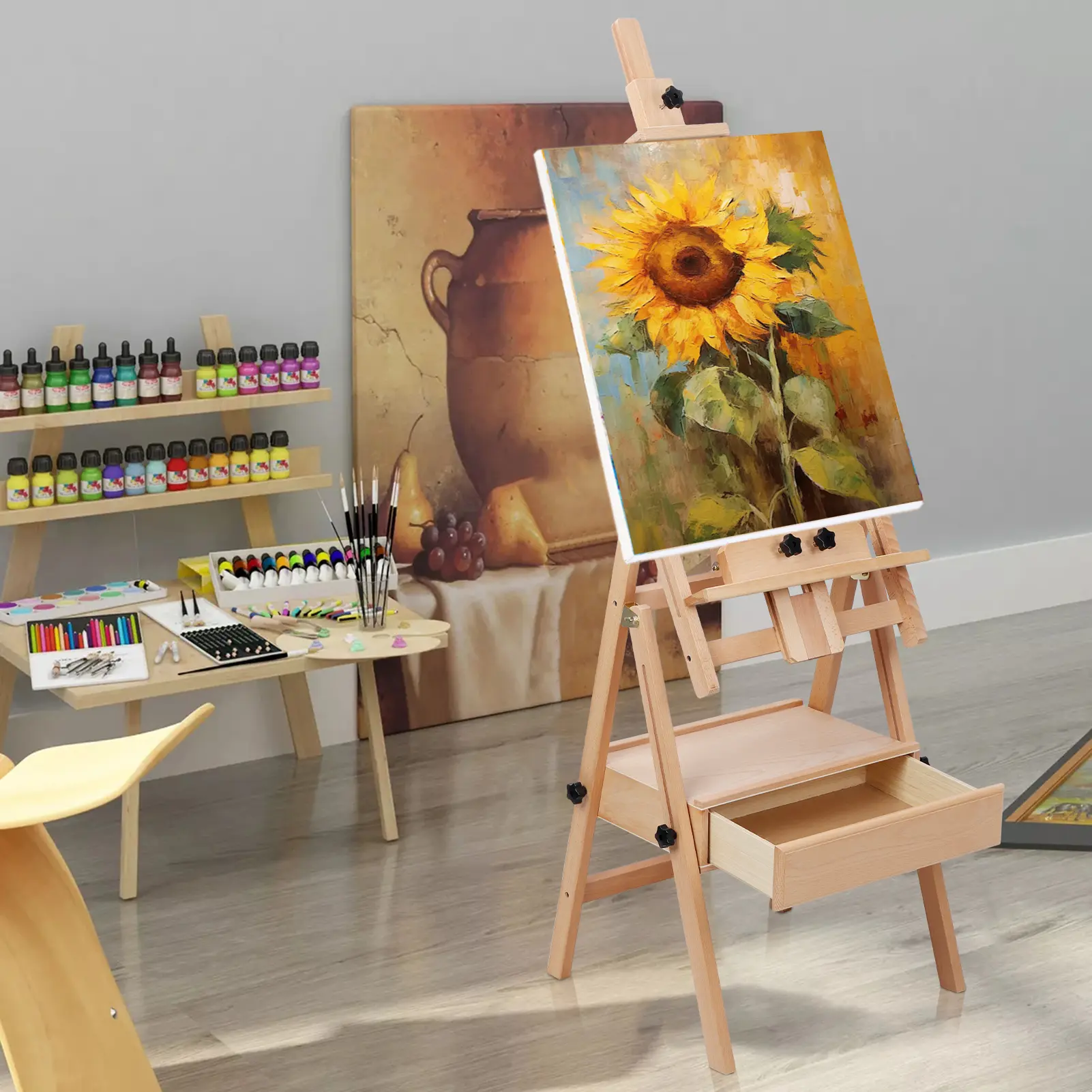 H Frame Easel, French Easel with Casters, Solid Beech Wood Easel, Painting Canvas Holder Stand, Tilts Flat Artist Easel, Height Angle Adjustable