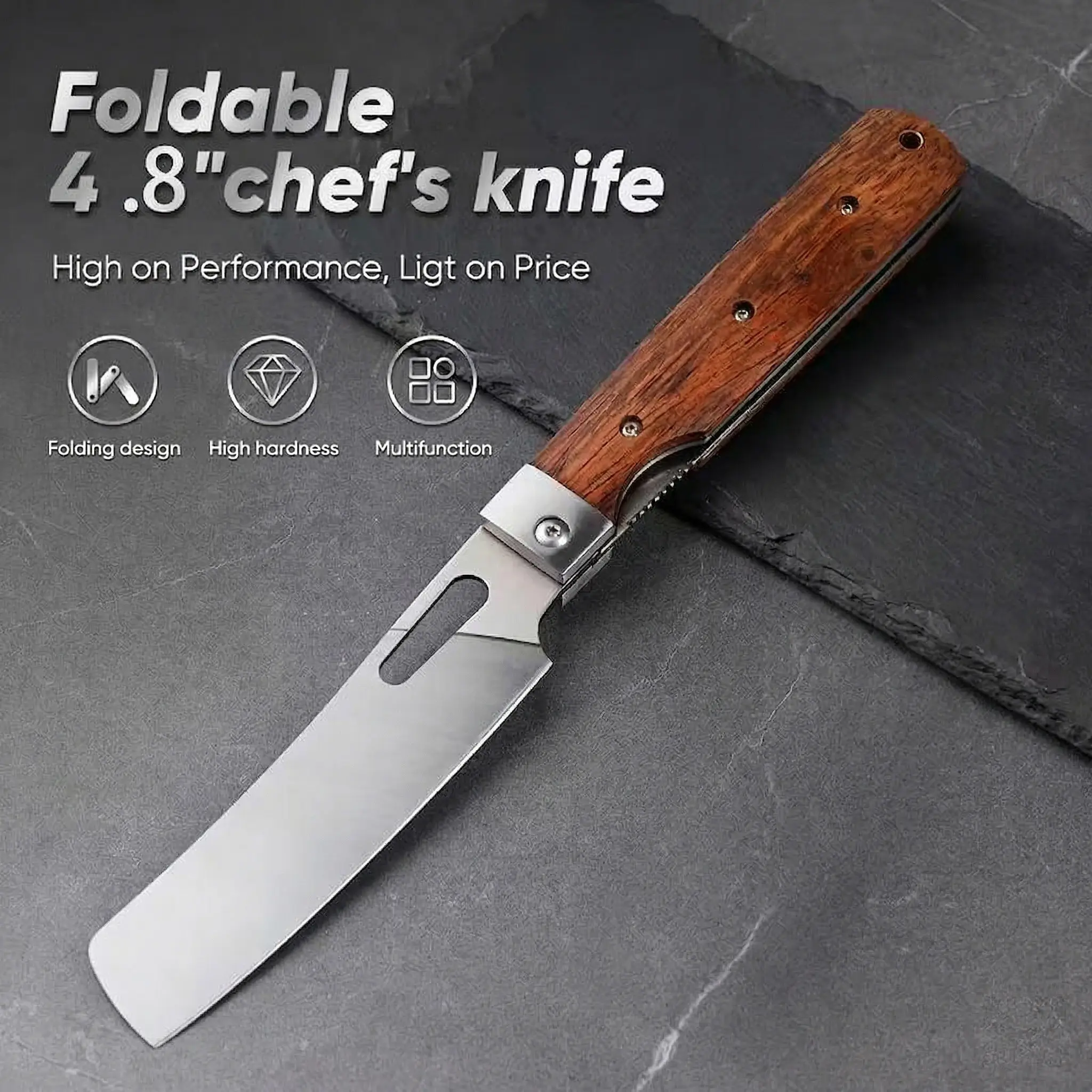 Portable Outdoor Folding Nakiri Knife, Stainless Steel Folding Bread Knife, 440C Stainless Steel Blade and Natural Wooden Handle - Perfect for Outdoor Chef Knife for BBQ, Camping & Daily Cooking, Camping Utensils