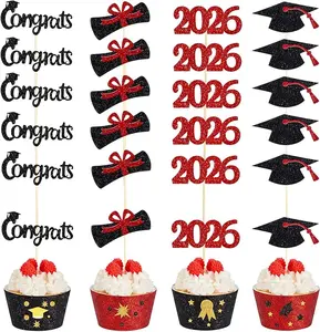 100 Pack 2026 Graduation Cupcake Toppers Glitter Grad Cap Food Appetizer Picks Cake Caps Party Decorations Diploma Cupcake Picks for Cake Class of 2026 Graduation Party(Black and Red)