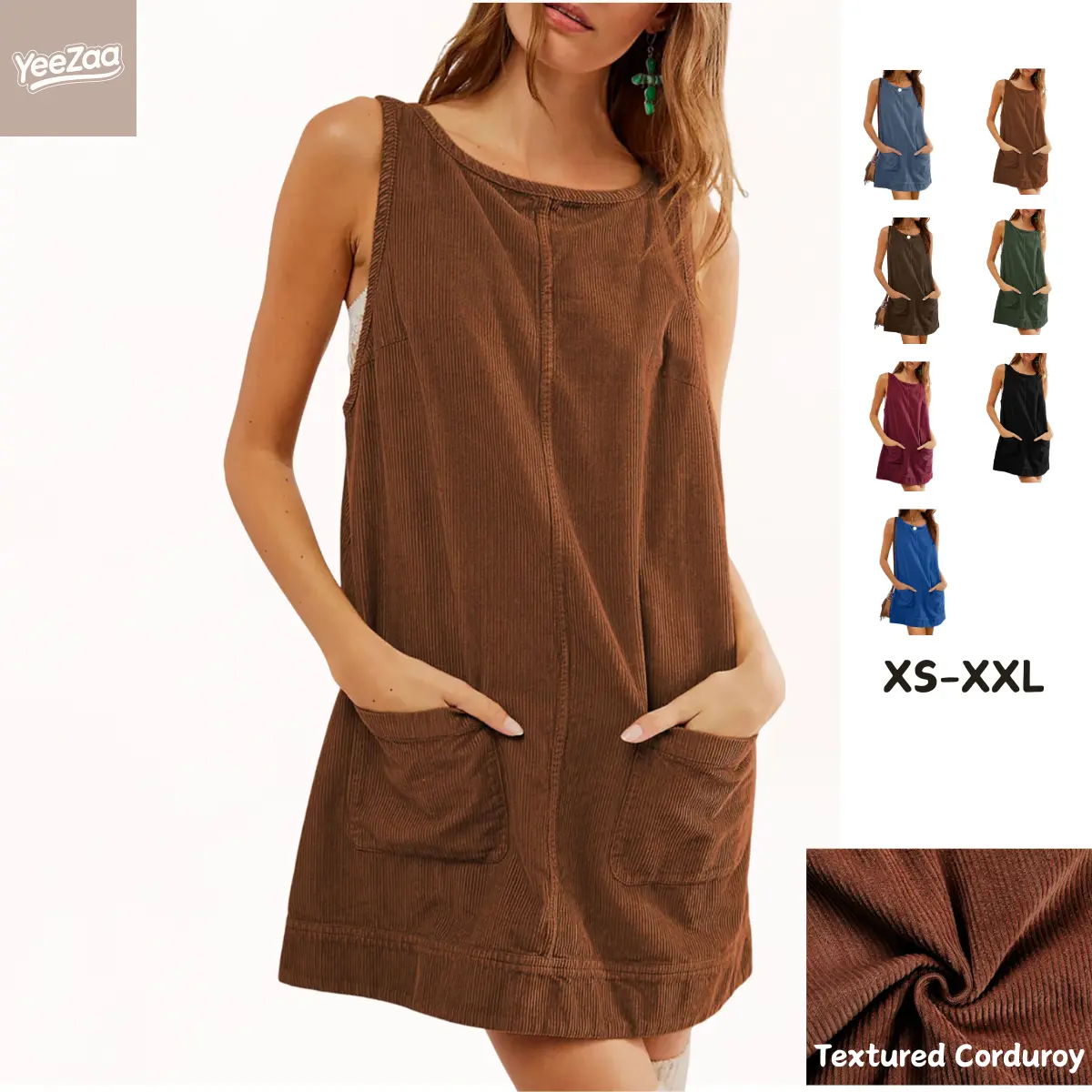 Women's Corduroy Overall Dress 2025 Fall/Winter TikTokShopBlackFriday Fashion Low Scoop Back Round Neck A-Line Skirtall Jumper Mini Dress with Pocketed Pinafore