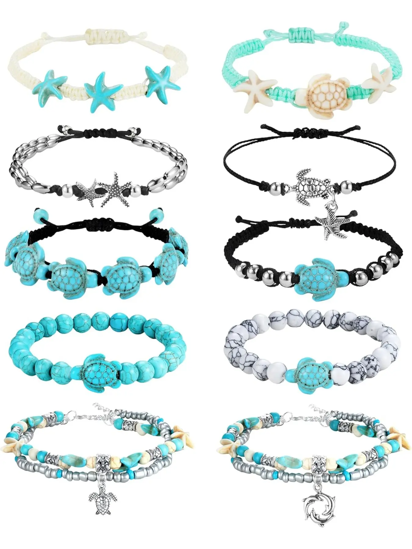 10 PCS Turtle Ankle Bracelets for Women Waterproof Handmade Starfish Sea Turtle Bracelet Adjustable Boho Summer Beach Bracelets for Women Men Bahamas Souvenirs Trendy Jewelry Anklet