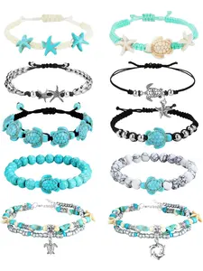 10 PCS Turtle Ankle Bracelets for Women Waterproof Handmade Starfish Sea Turtle Bracelet Adjustable Boho Summer Beach Bracelets for Women Men Bahamas Souvenirs