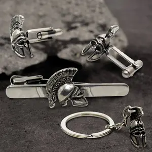 GTHIC Vintage Spartan Helmet Brass Cufflinks Tie Clip Gothic Accessories For Daily Wear