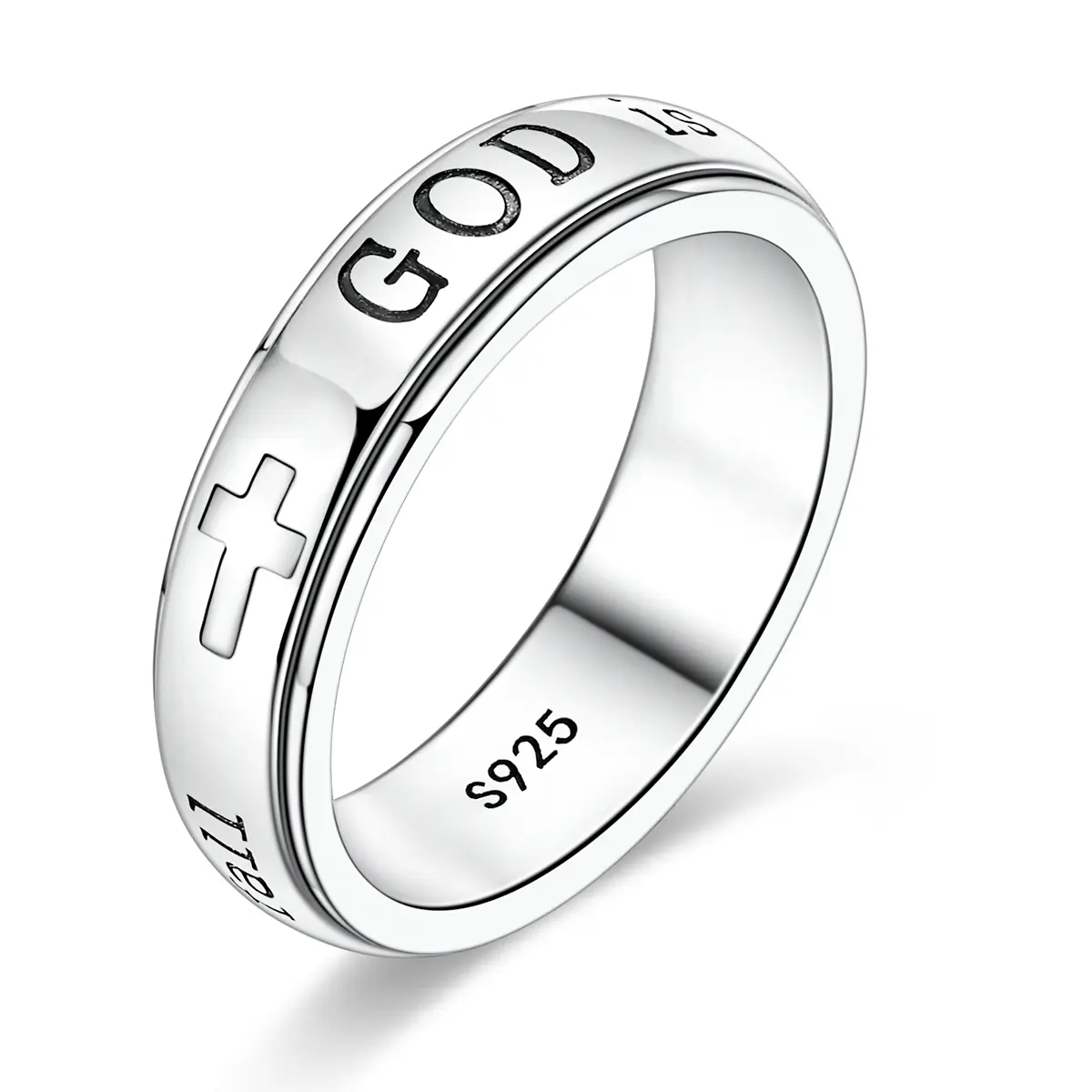 LAZA 925 Sterling Silver Spinner Ring for Women – Christian Bible Verse "God is within her she will not fall" Fidget Anxiety Ring, Religious Cross Prayer Jewelry Gifts for Girls (Psalm 46:5) Inspirational Rings Encouragement Rings