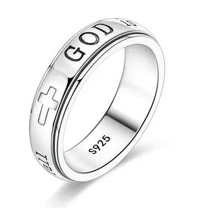 LAZA 925 Sterling Silver Spinner Ring for Women – Christian Bible Verse "God is within her she will not fall" Fidget Anxiety Ring, Religious Cross Prayer Jewelry Gifts for Girls (Psalm 46:5)