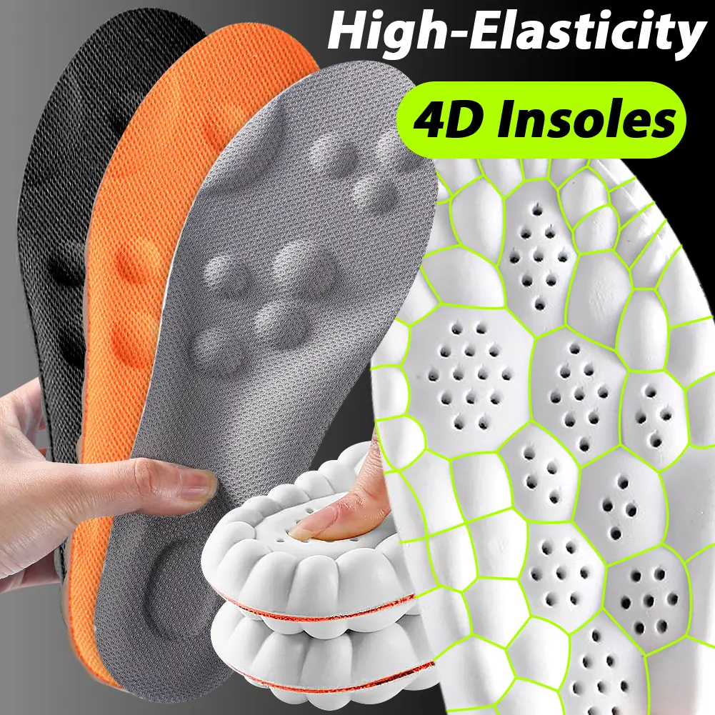 4D Massage Sport Shock Absorbing Breathable PU Insoles,High Elastic Cloud Foam Sweat Wicking Washable Design,for Daily Walking,Running,Long Time Standing Use