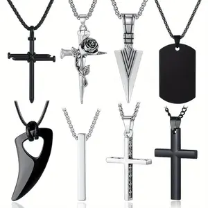 8 Pcs Necklace for Men, Mens Necklaces Jewelry Set, Black and Silver Stainless Steel Necklace, Cross Pendant Necklace, 16-24 Inches Chain