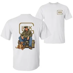 The 47th President Trump Holding a Glock Sitting Next to a Hunting Dog Shirt, Camo Hunting Season Crewneck Unisex Cotton T-shirt