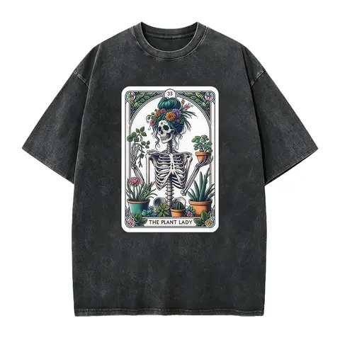 Women's Cotton Short-Sleeve Fitted Round Neck Top - Smooth Seamless Fabric, The PLANT LADY Skeleton Tarot Card Graphics for Plant Enthusiasts