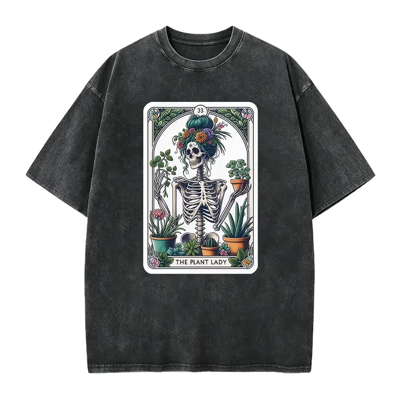 Women's Cotton Short-Sleeve Fitted Round Neck Top - Smooth Seamless Fabric, The PLANT LADY Skeleton Tarot Card Graphics for Plant Enthusiasts