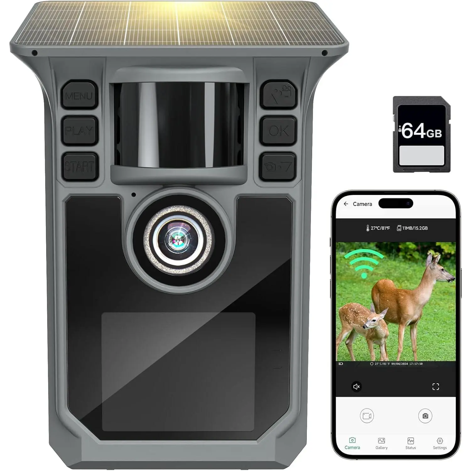 Trail Camera 4K 64MP WiFi Solar Game Camera, 5000mAh Forever Power, 64GB Memory Card and Ip67 Waterproof Night Vision Trail Cam for Outdoor Wildlife Detection, Monitoring Trail Cameras