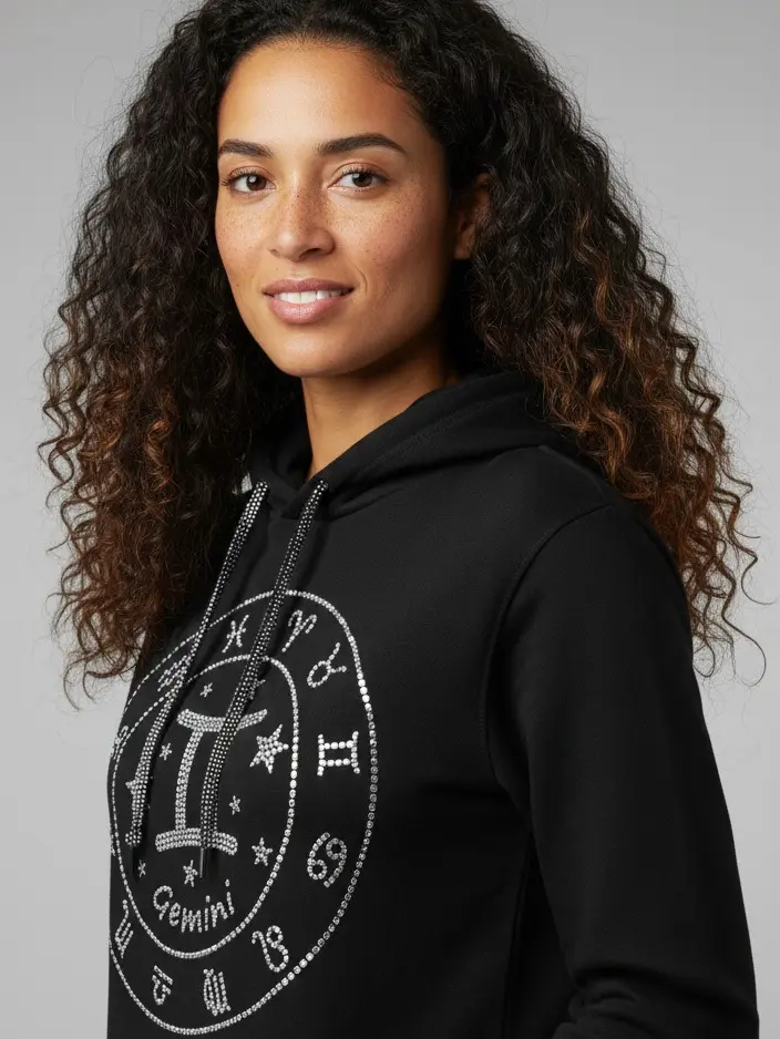 Gemini Rhinestone Zodiac Hoodie Unisex Bling Astrology Pullover