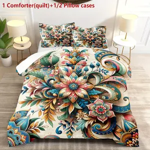 Boho Mandala Floral Print Bedding Set, Soft Breathable Comfort, 3-Piece Suite for Bedroom & Guest Room Decor, Includes 1 Duvet + 2 Pillowcases