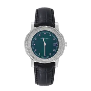 Bvlgari Solo Tempo 35mm Quartz Stainless Steel Aftermarket Diamond Bezel Custom Green Diamond Dial Black Leather Ladies Watch WHT031967/WHT030797
