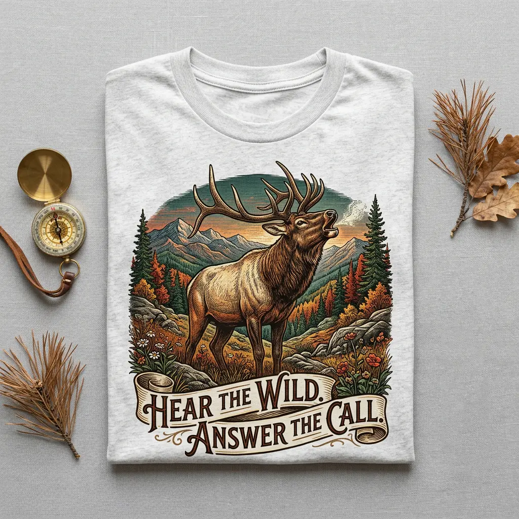 Bull Elk Bugling Print, Mountain Rut Season Theme, Hear the Wild Answer the Call Design, Unisex Fit, Women's Cotton Fabric T-Shirt - Gildan 5000
