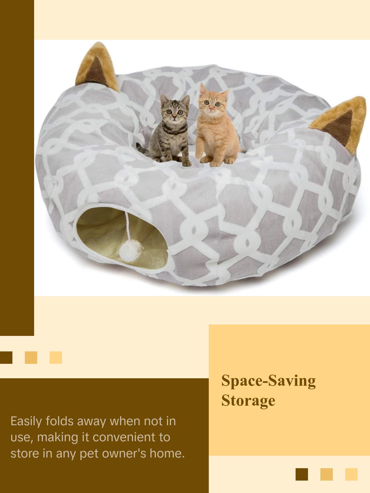 Large Cat Tunnel Bed with Plush Cover,Fluffy Toy Balls, Small Cushion and Flexible Design- 10 Inch Diameter, 3 Ft Length- Great for Cats, and Small Dogs, Gray Geometric Figure