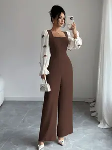 New Colorblock Square Neck Jumpsuit for Women, Chiffon Bubble Sleeves with Bow Decor, High Waist Wide Leg Slimming Fit