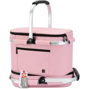 ALLCAMP Picnic Basket  Insulated Cooler, Thickening Foldable Picnic Basket with Removable Baskets  Sewnin Frame, Basket for House Warming Gifts New(Pink)