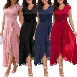 Elegant V-neck Floral Lace Women's Bridesmaid Dress, Short Sleeves, Ruffle Hem, Perfect for Formal Evenings, Weddings, Parties Womenswear Comfort Workwear Basic Minimalist VneckRAIMENTRY