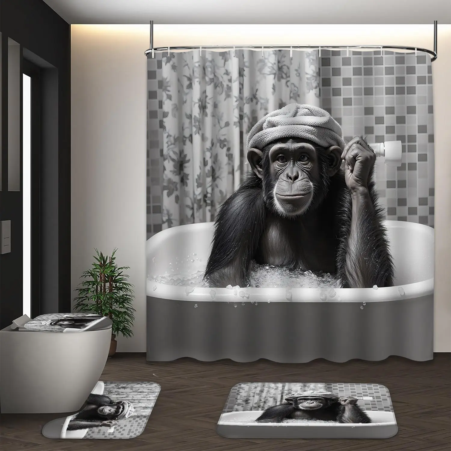 LVRLVR 4pcs Chimpanzee Bathing Humorous Black White Bathroom Set with Shower Curtain, Bathroom Curtains, Bath Rugs and Hooks - 70.8"×70.8" (180×180cm)