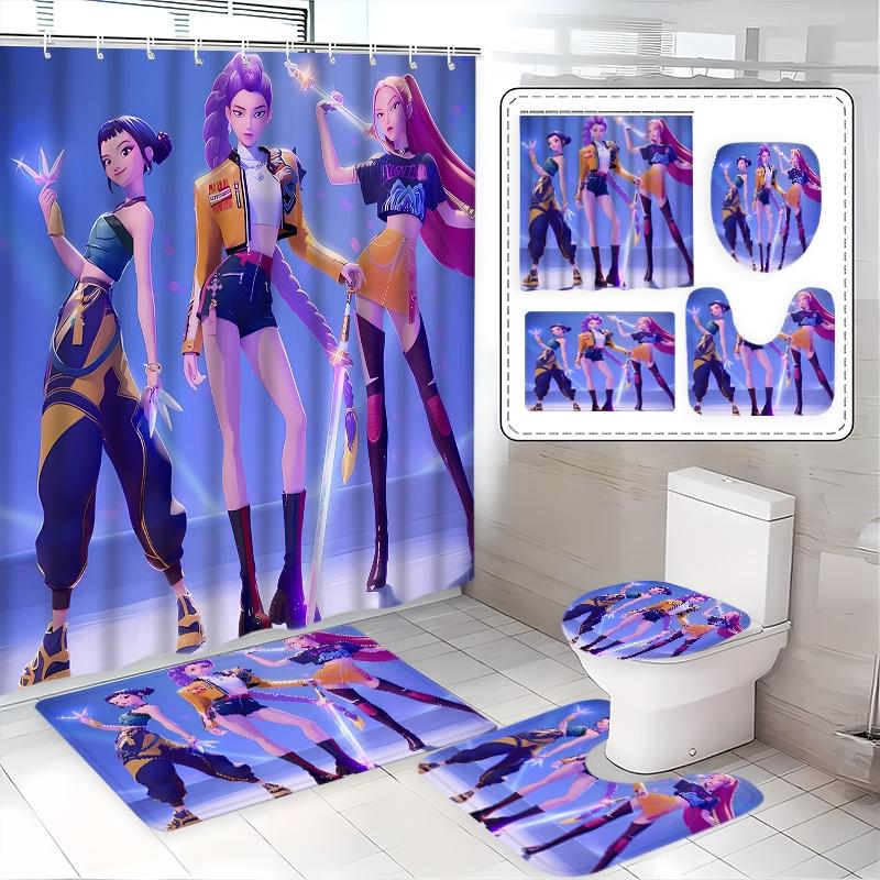 Creative Cartoon Kpop Demon Hunter Shower Curtain Set, 4-Piece Bathroom Accessories, Includes Toilet Seat Cover and Mat, Holiday Home Decor Gift, Bathroom Decoration Accessories
