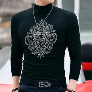 Men's Base Shirt Half Turtleneck Autumn Winter Slim Fit Stretch Rhinestone Long Sleeve T-Shirt Versatile Simple Cotton Top Trendy