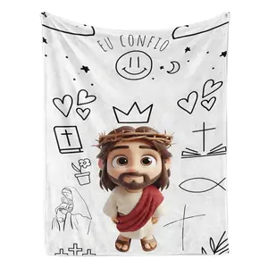 Cute Cartoon Jesus Doodle Flannel Blanket Eu Confio Faith Line Art Print Soft Warm Cozy Lightweight Throw for Kids Room Bedroom Nursery Ideal Christian Gift for Children