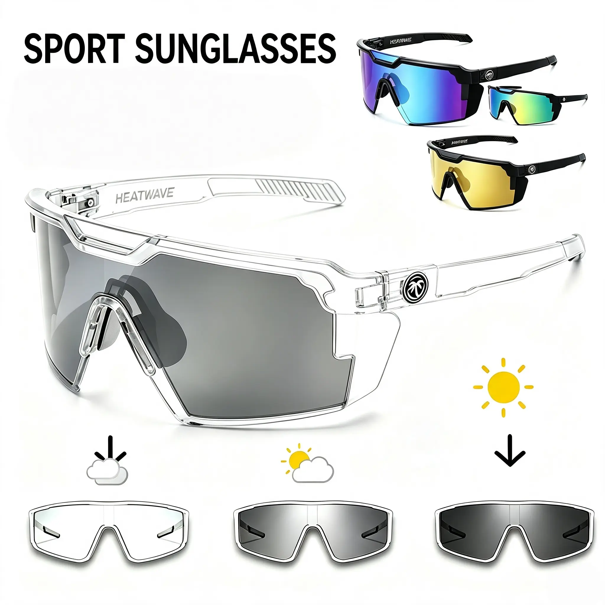 HEATWAVE Photochromic Sports Sunglasses for Men Women, ANSI Z87+ Certified Clear Frame Transition Auto-Tinting Cycling Glasses