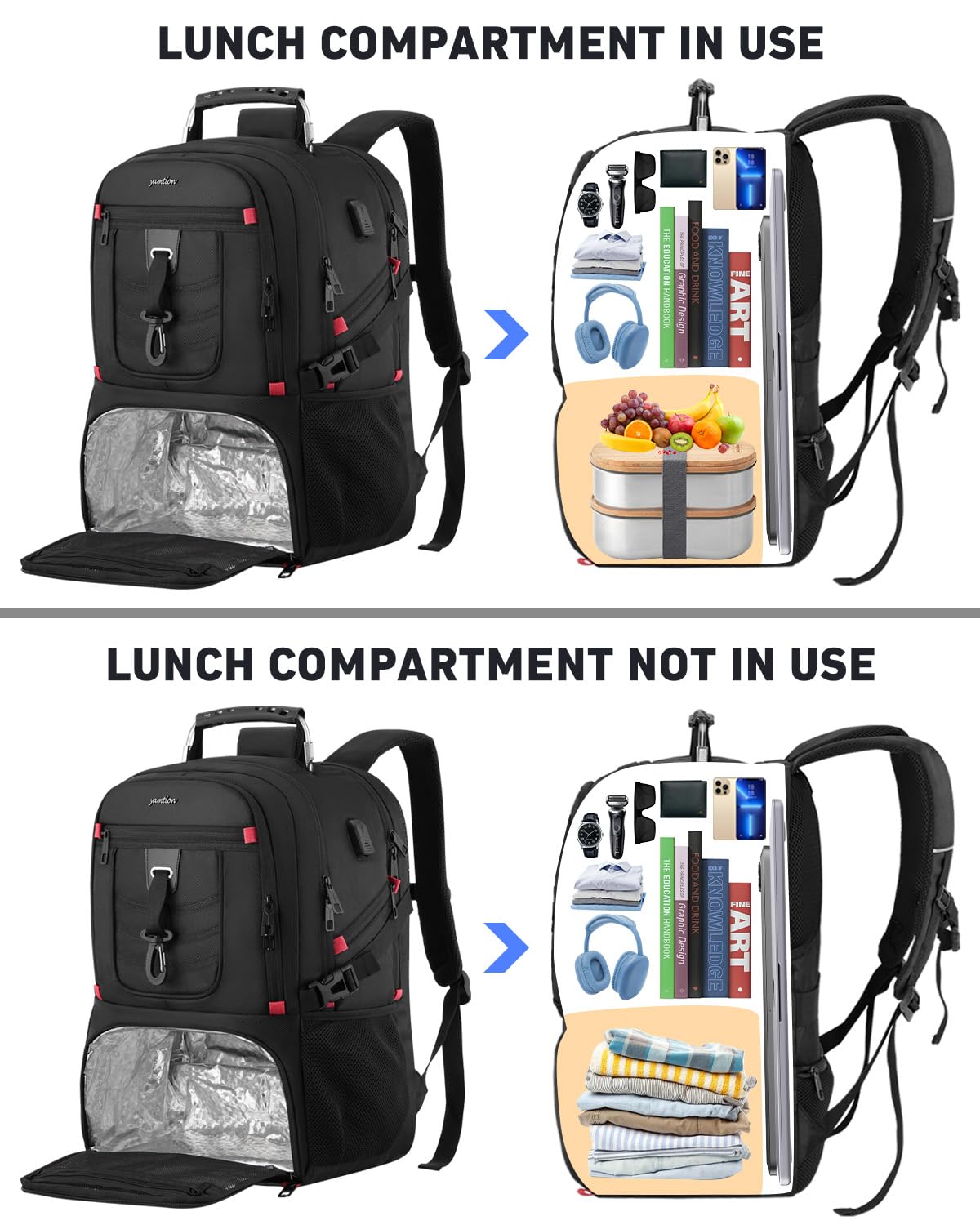 YAMTION Lunch Cooler Backpack for Men Women 45L Large Travel Backpack with Insulated Lunch Box Compartment | Anti-theft Business Rucksack with Luggage Strap