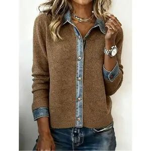 Women's brown knitted cardigan with denim collar: long sleeves, front button design - suitable for daily wear, commuting, going out, and can also be used as a New Year's outfit for women cardigan cardigan for women cardigan for women tshirt oversized
