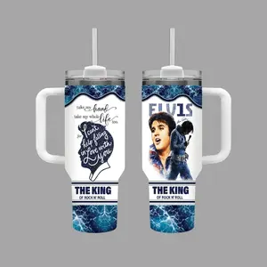 Vintage Elvi P Blue 20oz 40oz Tumbler With Handle, Rock And Roll Tumbler 40oz Large Handle Mug, Hot & Cold Insulated Cup