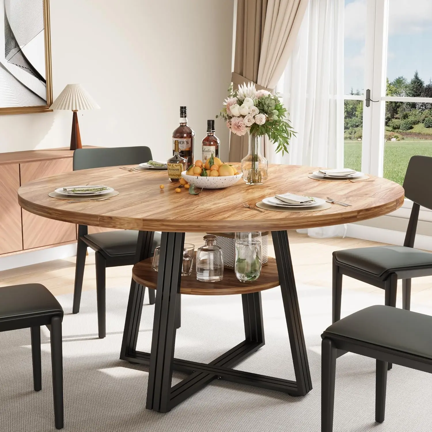 Gaomon 47-Inch Round Flat-Top Farmhouse Dining Table - Wood Grain, Storage Shelf, Metal Square Legs, Dark Brown 4-Seat Casual Dining Table (Seats 4-6), 4-Seat Dining Tables, Casual Dining Tables