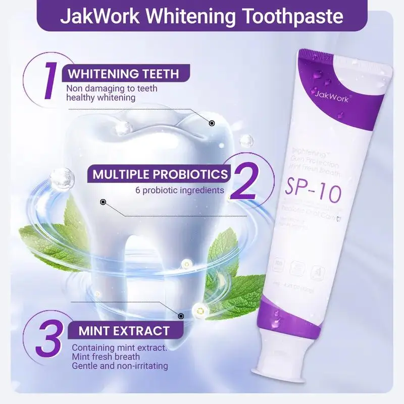 Ultra-whitening probiotic toothpaste protects tooth enamel, balances oral biota, provides long-lasting freshness, is hypoallergenic, fluoride-free, and prevents plaque.